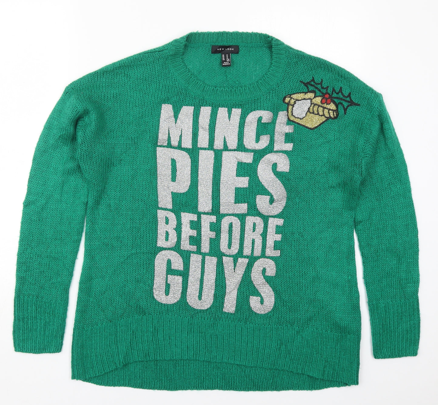 New Look Womens Green Round Neck  Acrylic Pullover Jumper Size M   - Mince Pies Before Guys