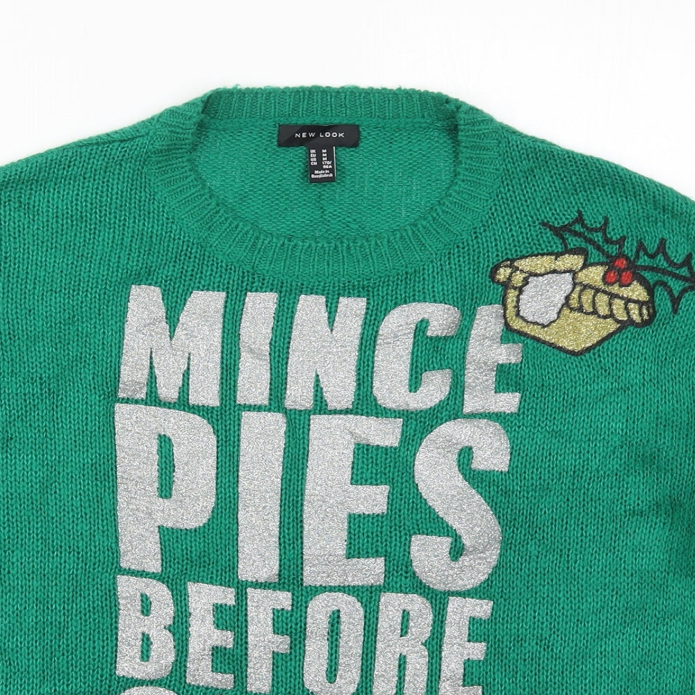 New Look Womens Green Round Neck  Acrylic Pullover Jumper Size M   - Mince Pies Before Guys