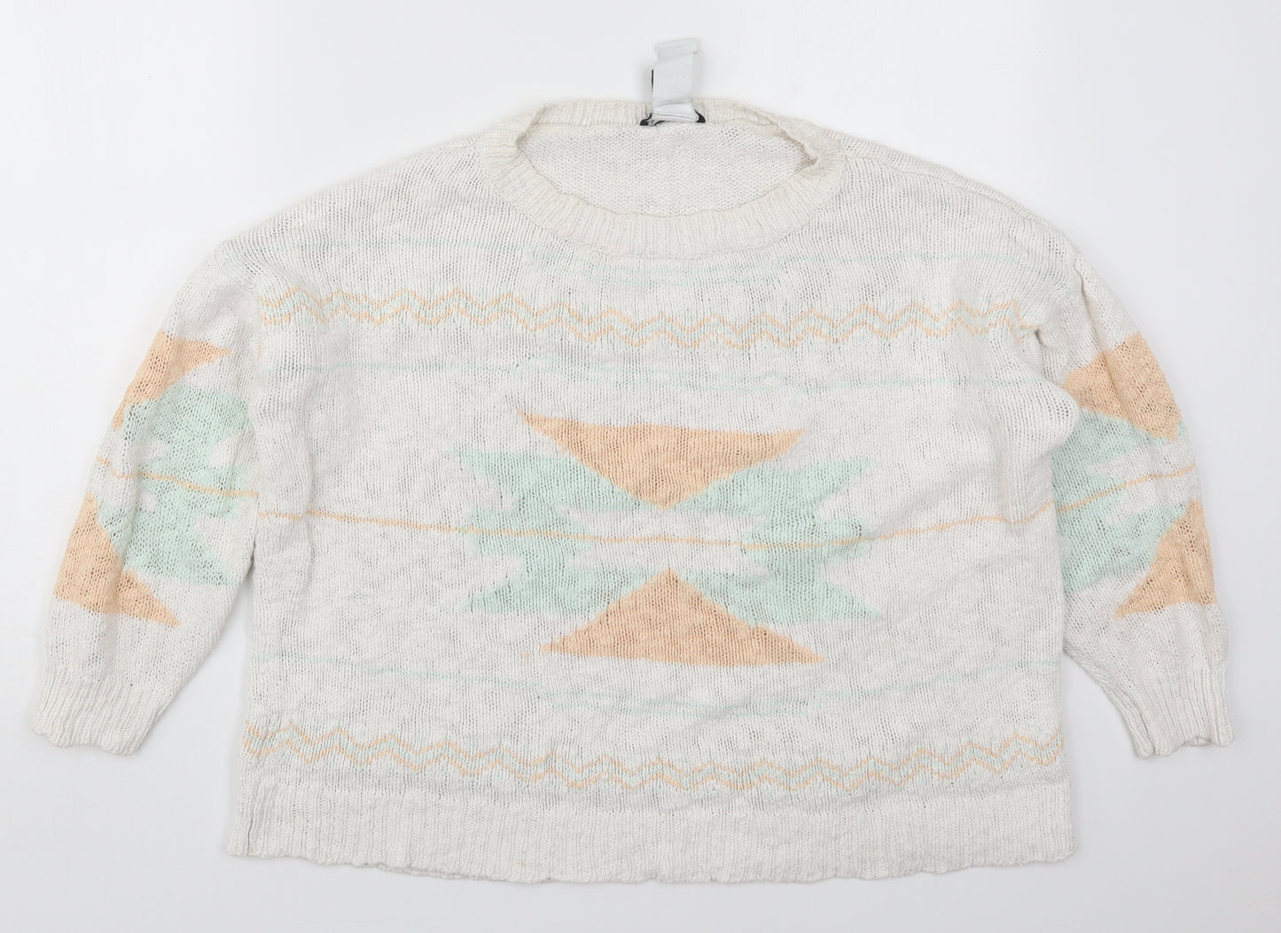 Mango Womens White Round Neck Geometric Cotton Pullover Jumper Size L   - Orange and Green Abstract