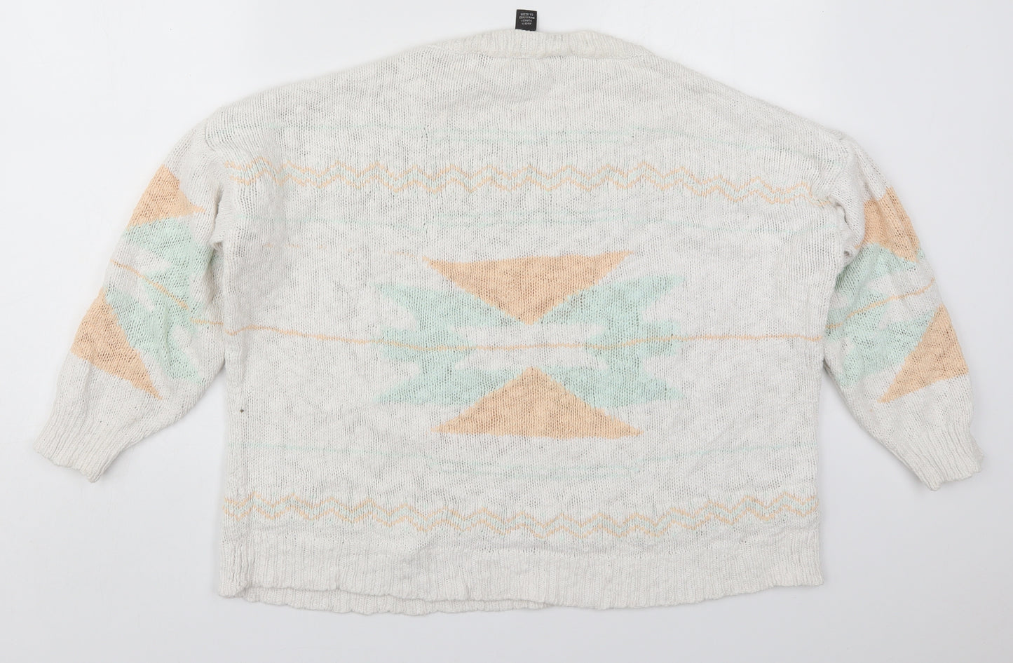 Mango Womens White Round Neck Geometric Cotton Pullover Jumper Size L   - Orange and Green Abstract