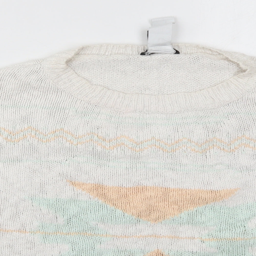Mango Womens White Round Neck Geometric Cotton Pullover Jumper Size L   - Orange and Green Abstract