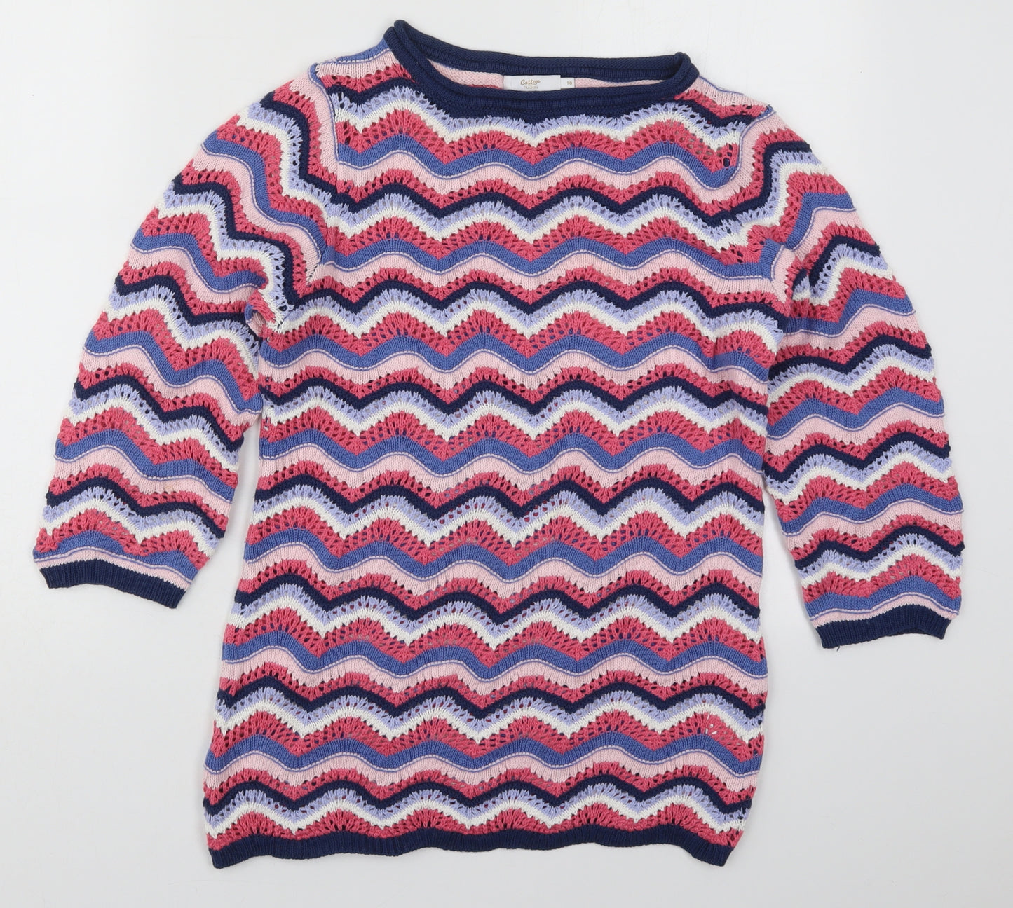 Cotton Traders Womens Pink Round Neck Striped Cotton Pullover Jumper Size 10