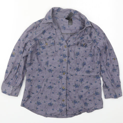Fun & Flirt Womens Blue Floral Cotton Basic Button-Up Size S Collared