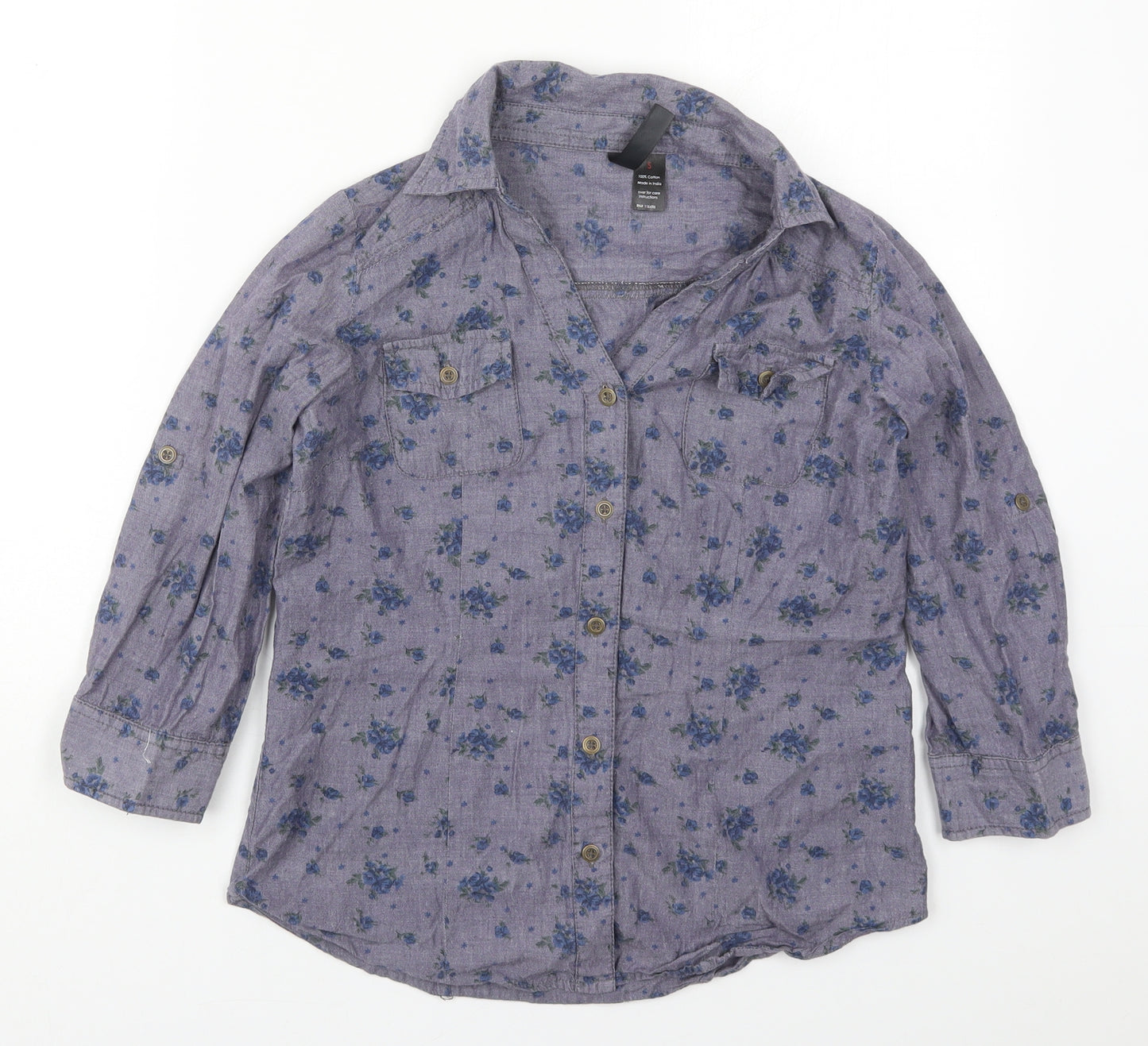 Fun & Flirt Womens Blue Floral Cotton Basic Button-Up Size S Collared