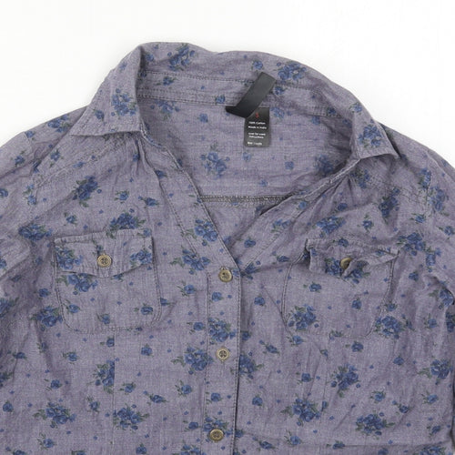 Fun & Flirt Womens Blue Floral Cotton Basic Button-Up Size S Collared