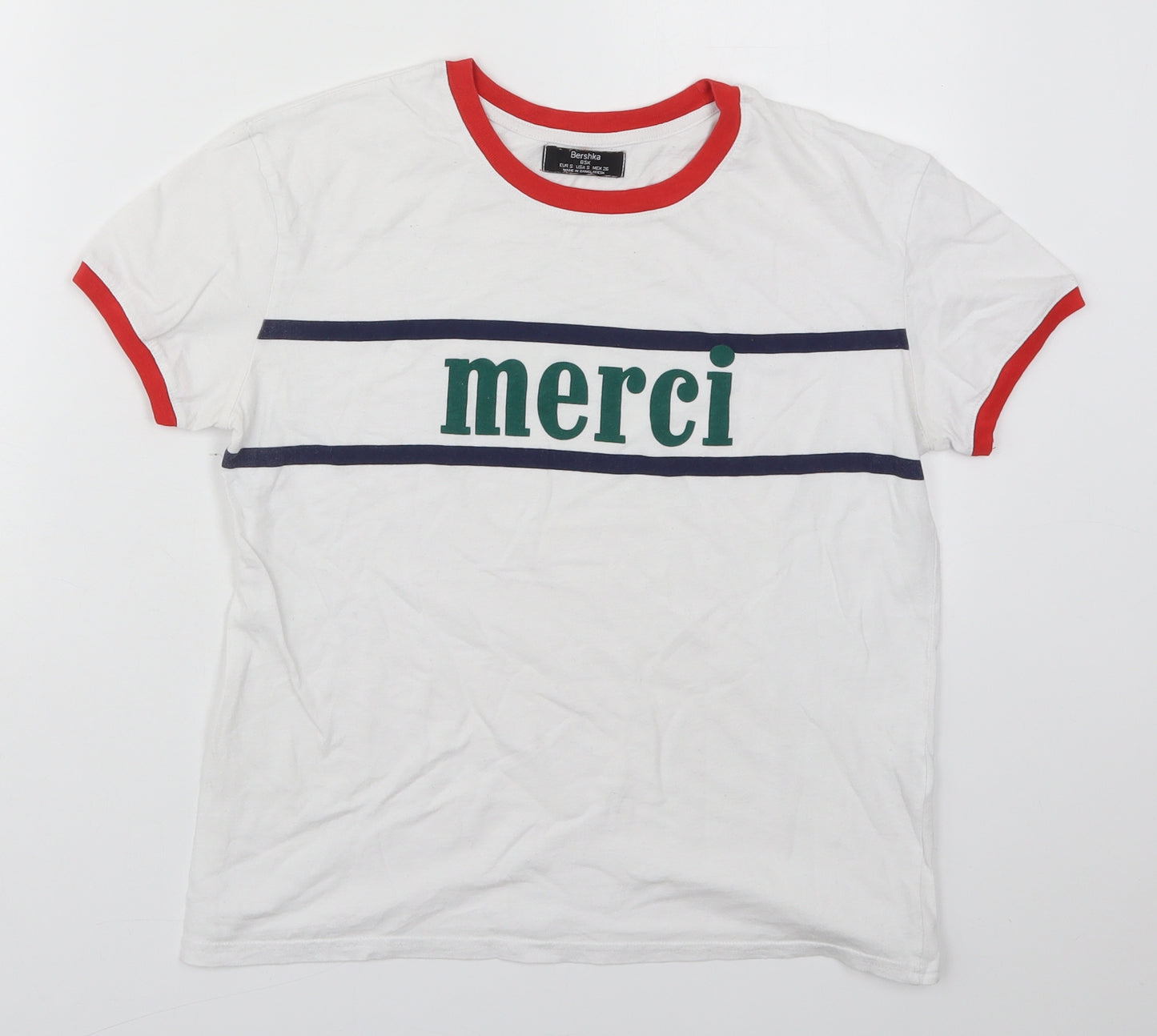 Bershka Womens White  Cotton Basic T-Shirt Size S Crew Neck - Merci