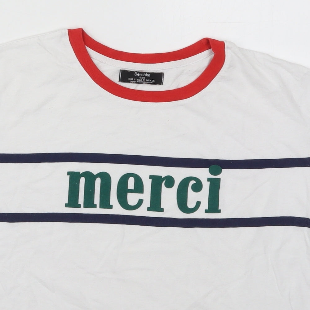 Bershka Womens White  Cotton Basic T-Shirt Size S Crew Neck - Merci