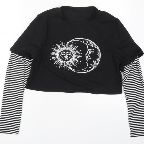 ROMWE Womens Black Striped Cotton Cropped T-Shirt Size M Crew Neck - Sun and Moon