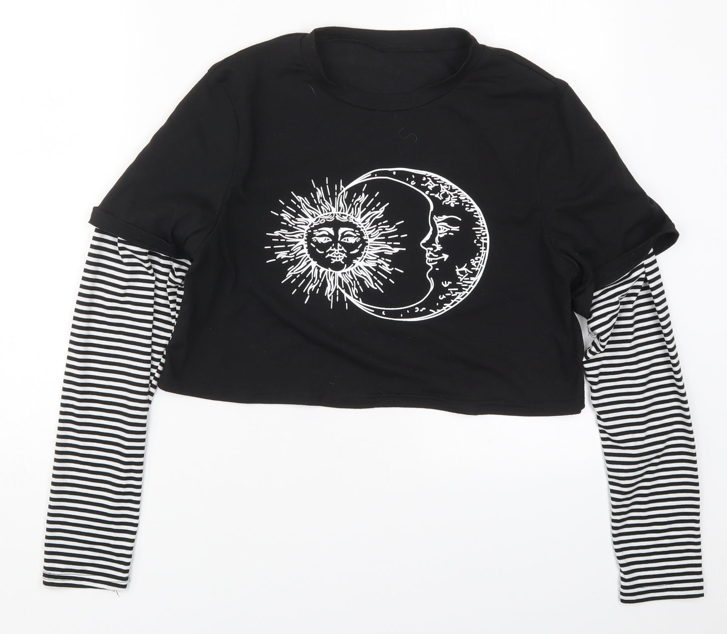 ROMWE Womens Black Striped Cotton Cropped T-Shirt Size M Crew Neck - Sun and Moon