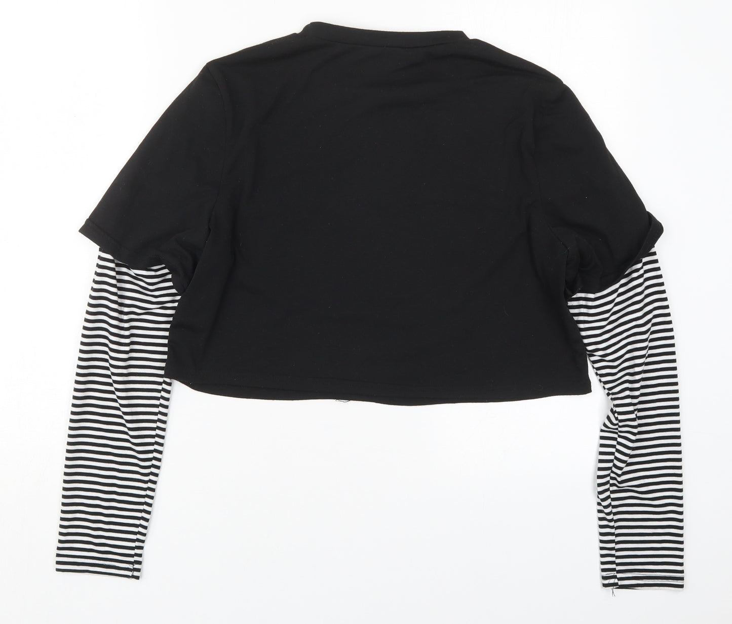ROMWE Womens Black Striped Cotton Cropped T-Shirt Size M Crew Neck - Sun and Moon