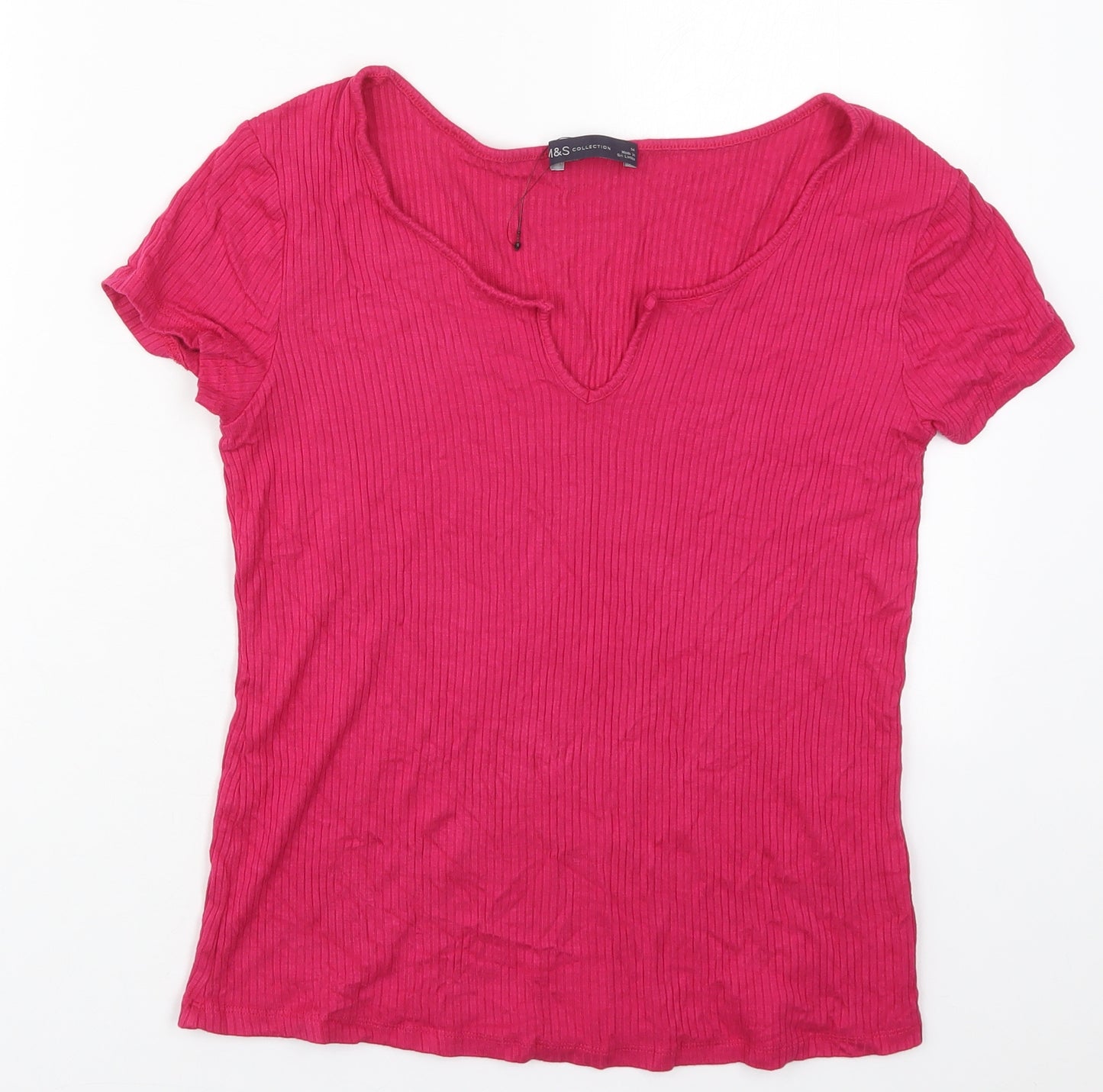 Marks and Spencer Womens Pink  Viscose Basic T-Shirt Size 14 V-Neck