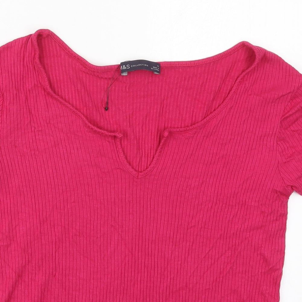 Marks and Spencer Womens Pink  Viscose Basic T-Shirt Size 14 V-Neck