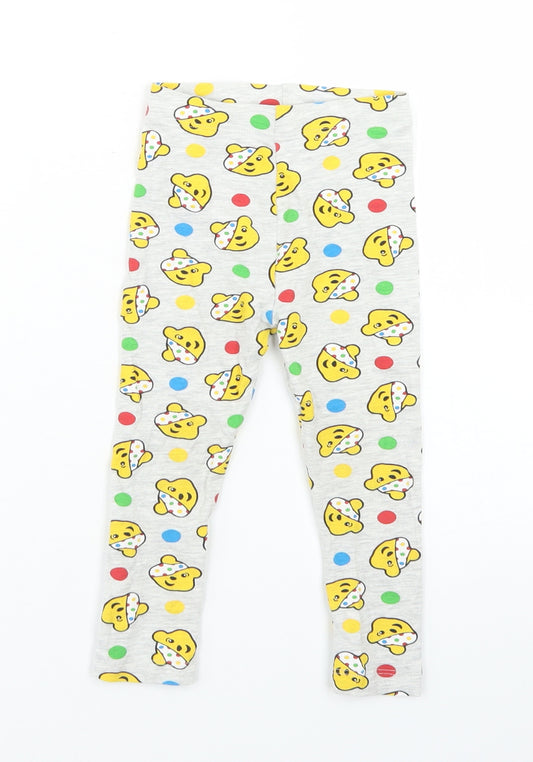 Front view of George girls’ grey spotted cotton jogger leggings, size 12-18, months - pudsey bear children in need