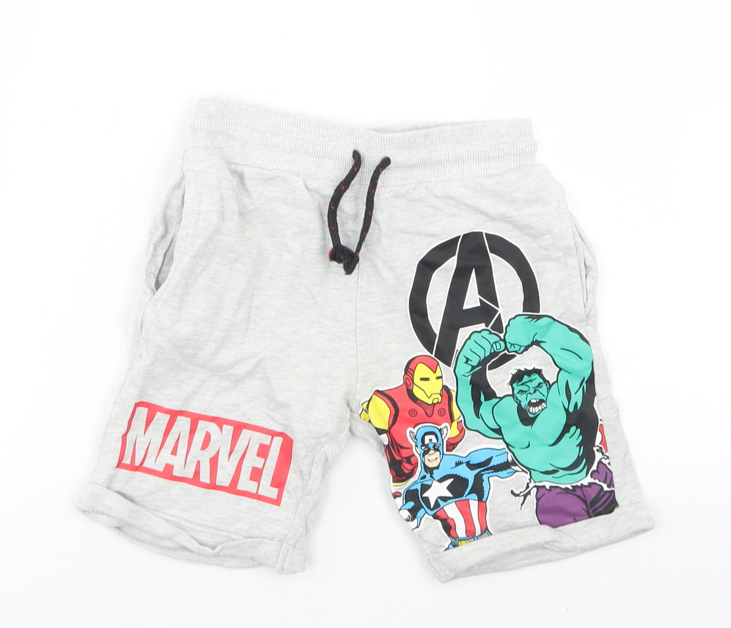 F&F Boys Grey  Cotton Sweat Shorts Size 5-6 Years  Regular Drawstring - Marvel Avengers