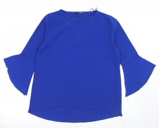 Front view of Quiz women’s blue polyester basic blouse, size UK 12, round neck - cut out back