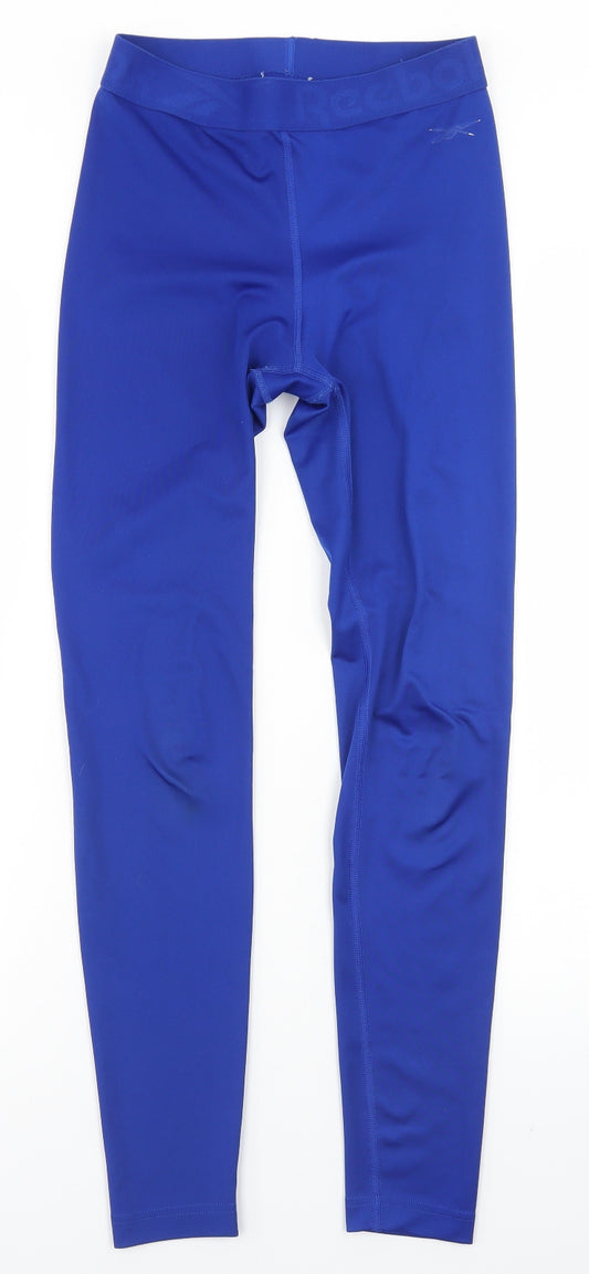 Front view of Reebok women’s blue polyester compression leggings, size XS, 26-inch leg regular