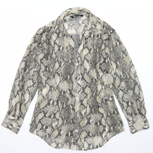 Zara Womens Beige Animal Print Polyester Basic Blouse Size S Collared