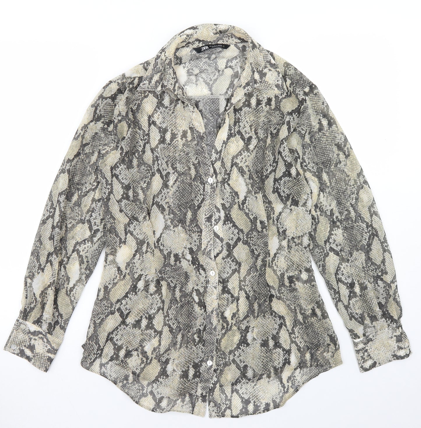 Zara Womens Beige Animal Print Polyester Basic Blouse Size S Collared