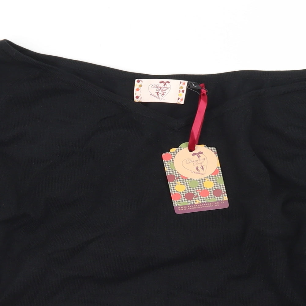 Dancing Days Womens Black  Viscose Basic T-Shirt Size L Round Neck