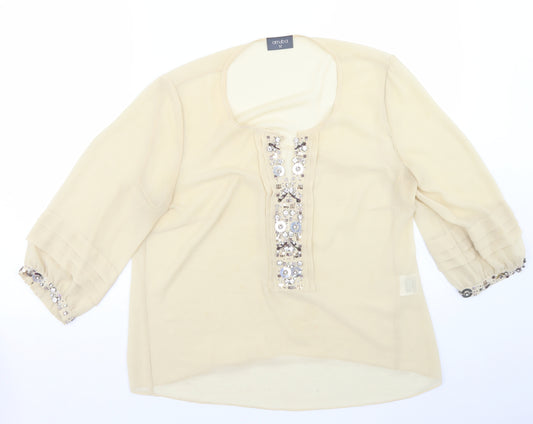 Front view of arruba women’s beige polyester basic blouse, size UK 12, round neck