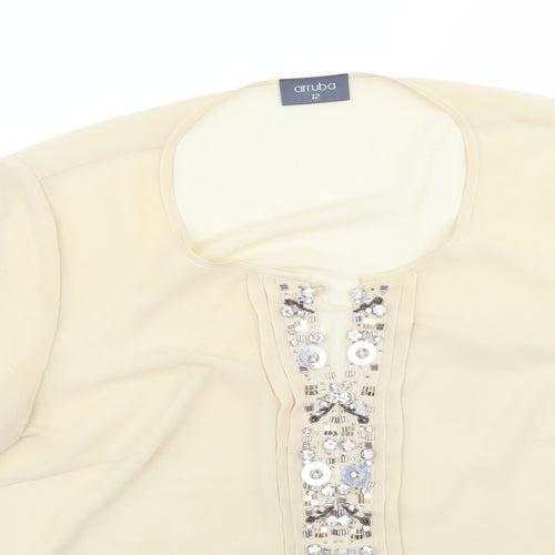 arruba Womens Beige  Polyester Basic Blouse Size 12 Round Neck