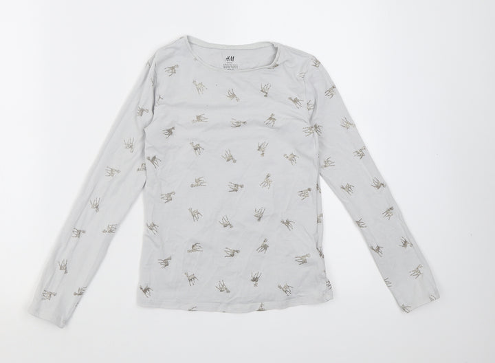 H&M Girls Grey Geometric Cotton Basic Casual Size 9-10 Years Crew Neck Pullover - Reindeer