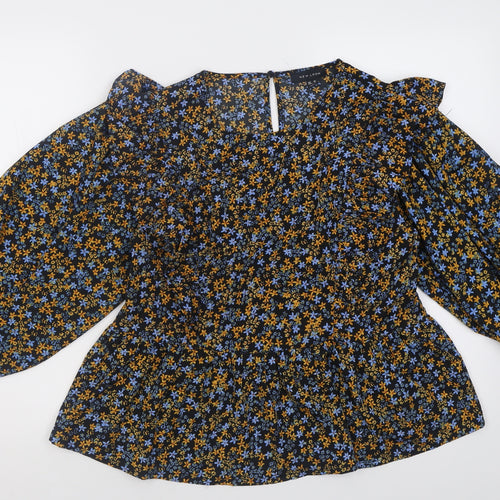 New Look Womens Yellow Floral Polyester Basic Blouse Size 14 Crew Neck
