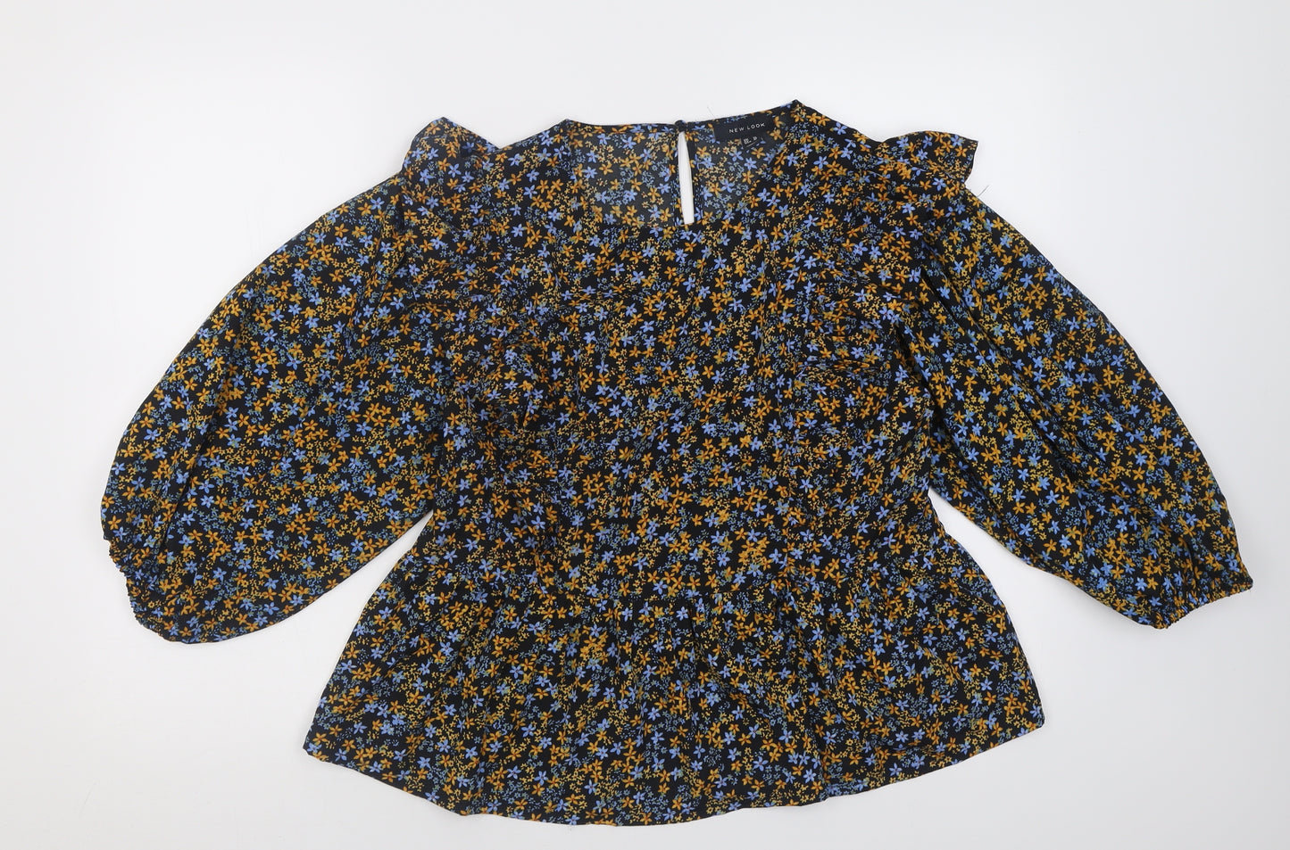 New Look Womens Yellow Floral Polyester Basic Blouse Size 14 Crew Neck
