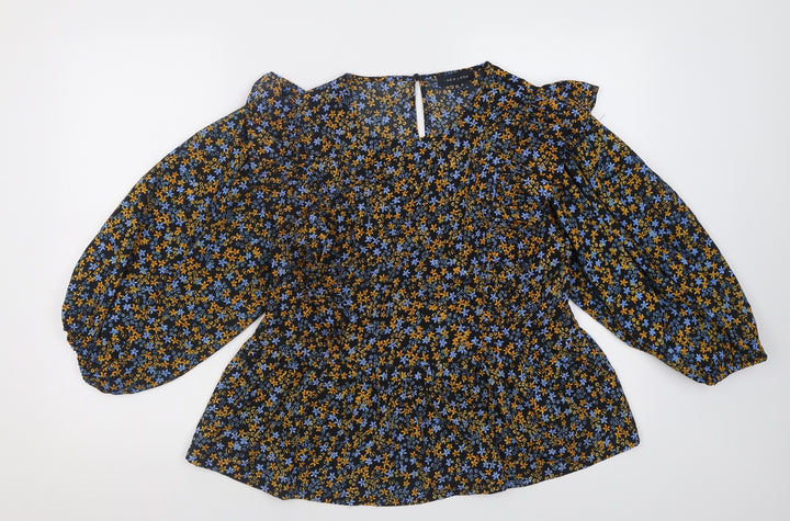 New Look Womens Yellow Floral Polyester Basic Blouse Size 14 Crew Neck