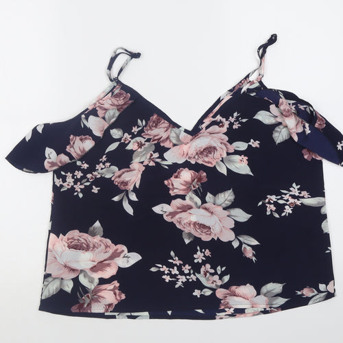 Shien Womens Purple Floral Polyester Basic Tank Size L V-Neck