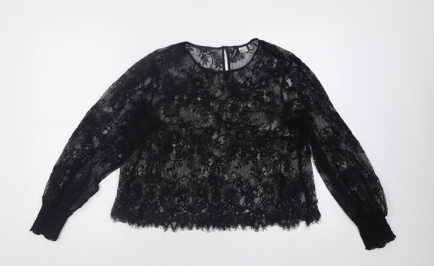 H&M Womens Black Floral Polyamide Cropped Blouse Size 14 Crew Neck