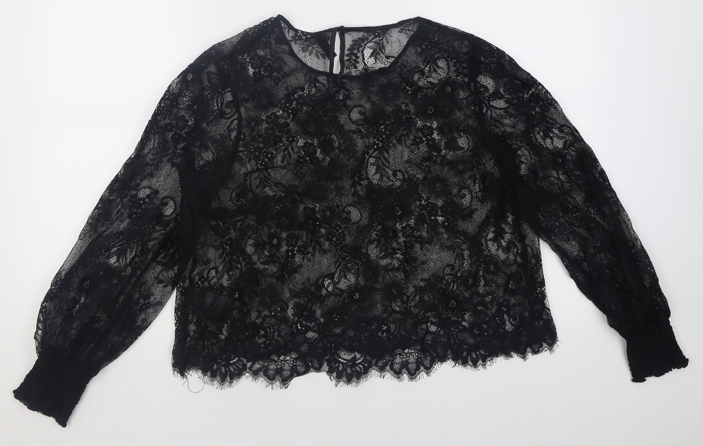 H&M Womens Black Floral Polyamide Cropped Blouse Size 14 Crew Neck