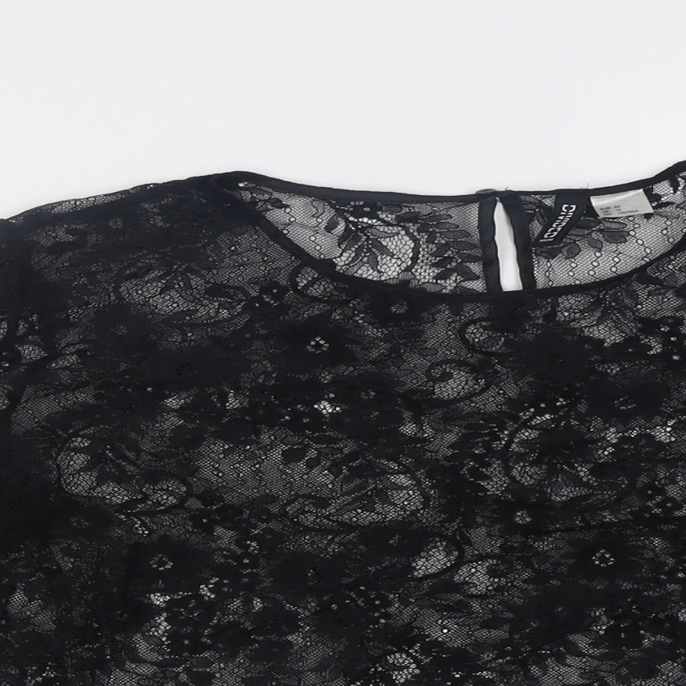 H&M Womens Black Floral Polyamide Cropped Blouse Size 14 Crew Neck