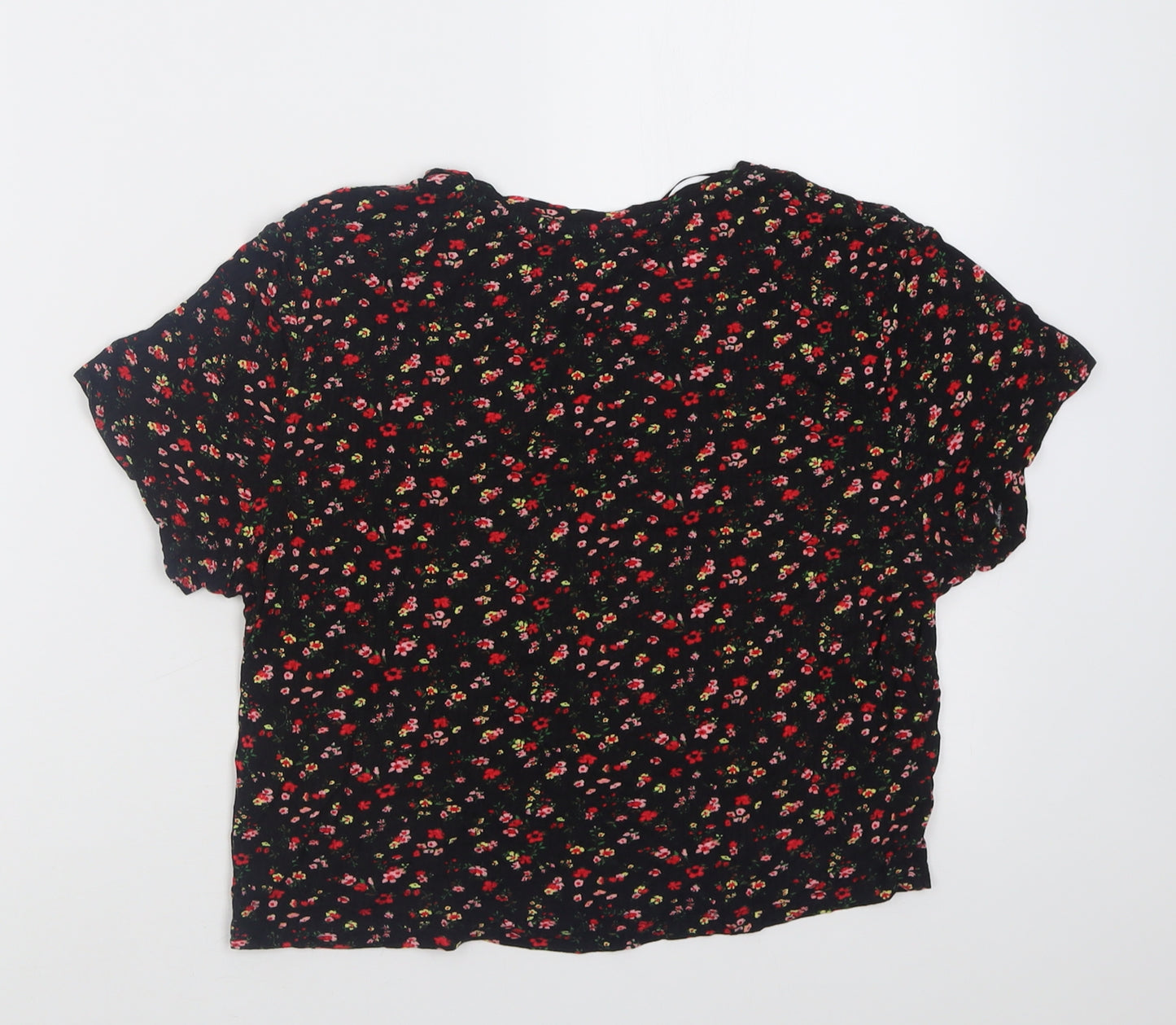 Primark Womens Black Floral Viscose Cropped T-Shirt Size M Crew Neck