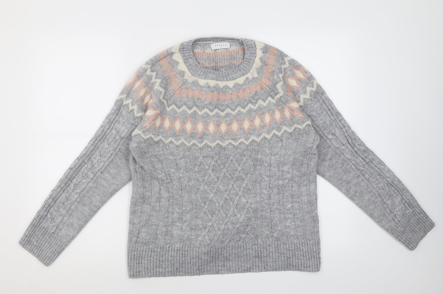 Papaya Womens Grey Crew Neck Fair Isle Acrylic Pullover Jumper Size M