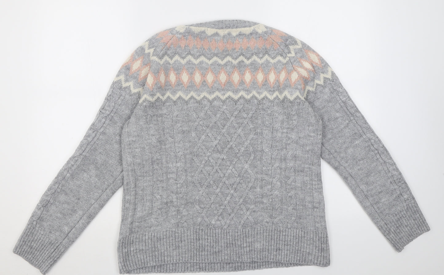 Papaya Womens Grey Crew Neck Fair Isle Acrylic Pullover Jumper Size M
