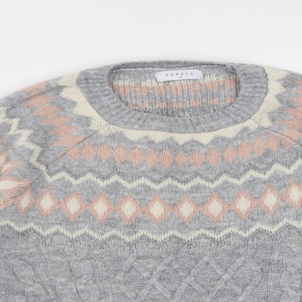 Papaya Womens Grey Crew Neck Fair Isle Acrylic Pullover Jumper Size M