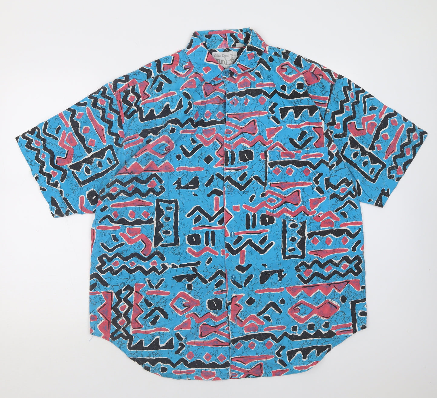 Deluxe Mens Blue Geometric Cotton  Button-Up Size L Collared Button