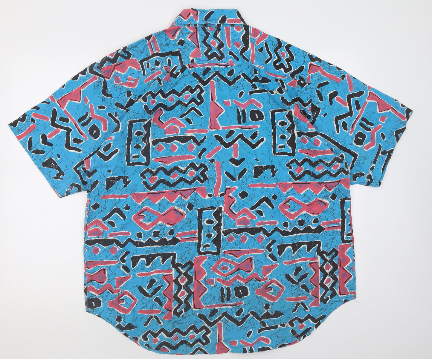 Deluxe Mens Blue Geometric Cotton  Button-Up Size L Collared Button