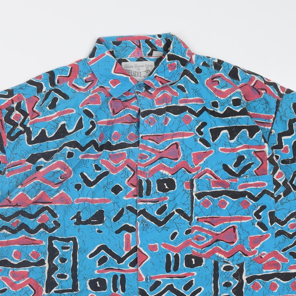 Deluxe Mens Blue Geometric Cotton  Button-Up Size L Collared Button