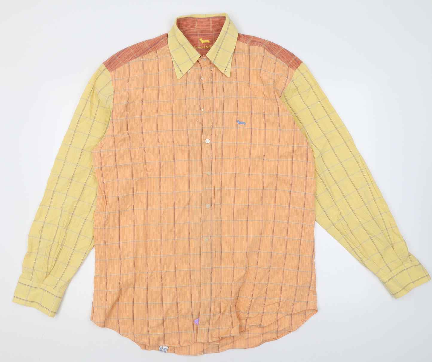 Harmont & Blaine Mens Orange Check Cotton  Button-Up Size XL Collared Button