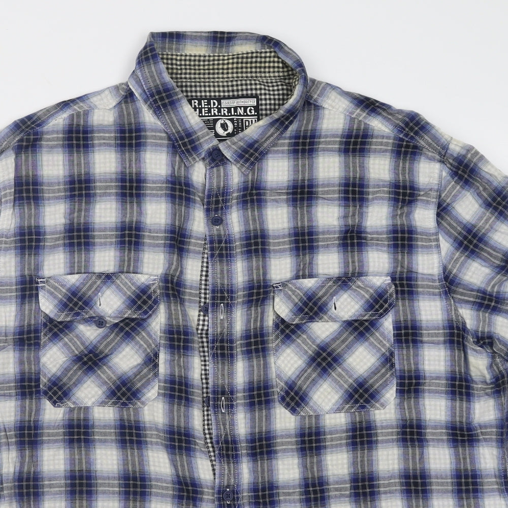 Red Herring Mens Blue Check Cotton  Button-Up Size 2XL Collared Button