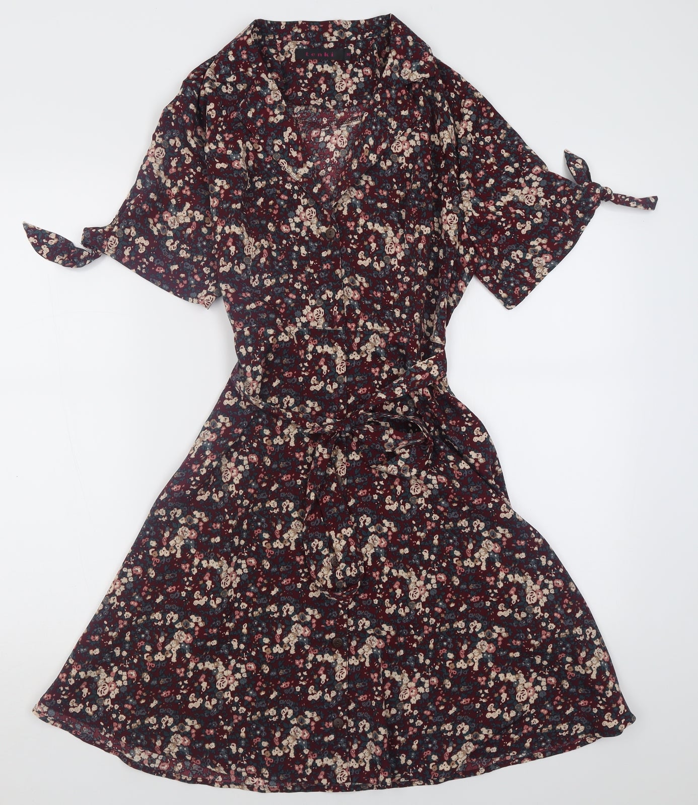 TENKI Womens Purple Floral Polyester A-Line  Size 10  V-Neck Button