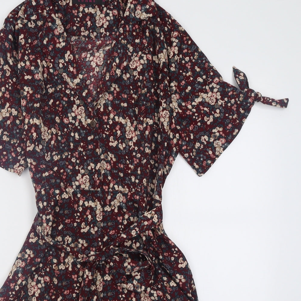 TENKI Womens Purple Floral Polyester A-Line  Size 10  V-Neck Button