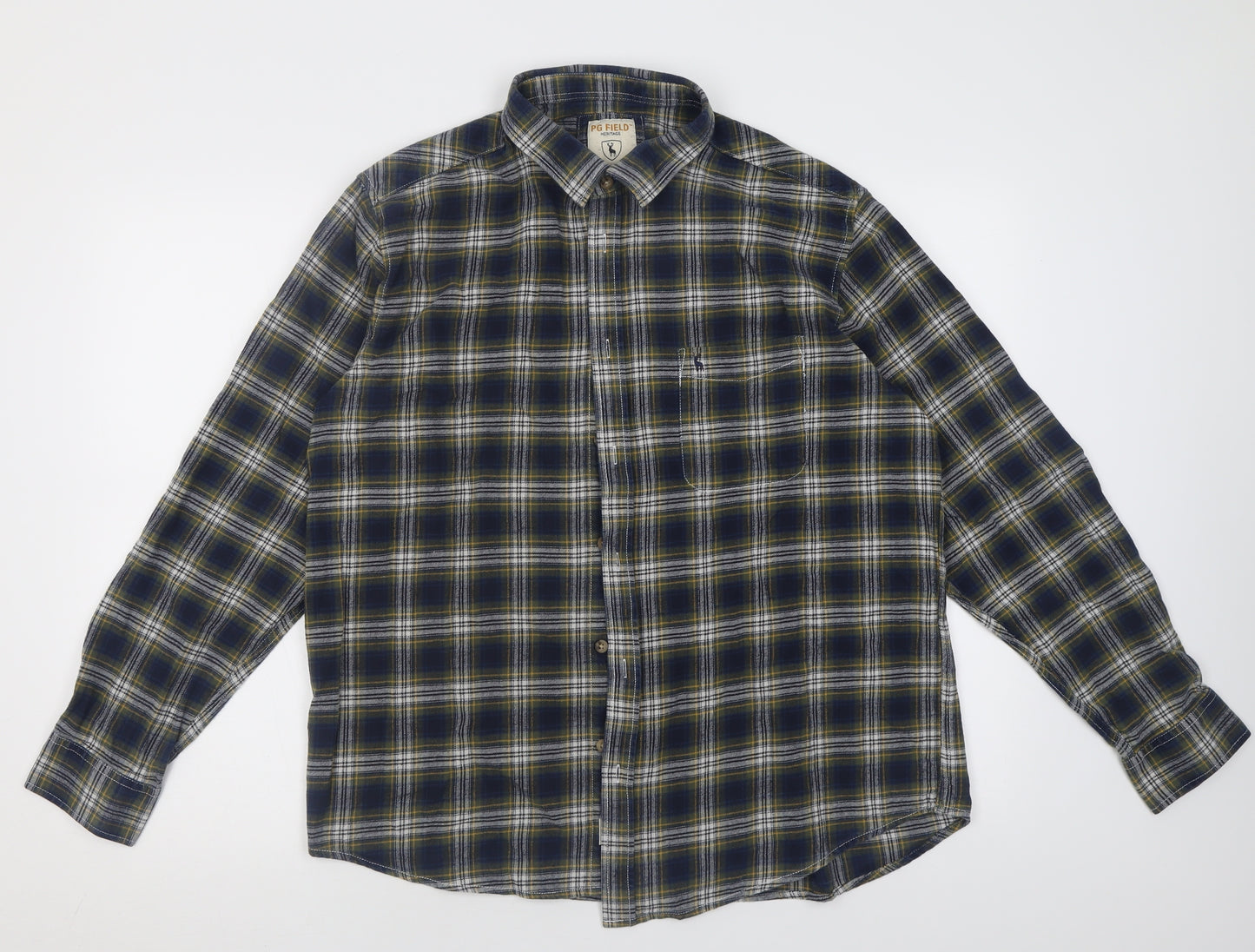 PG Field Mens Blue Check Cotton  Button-Up Size XL Collared Button