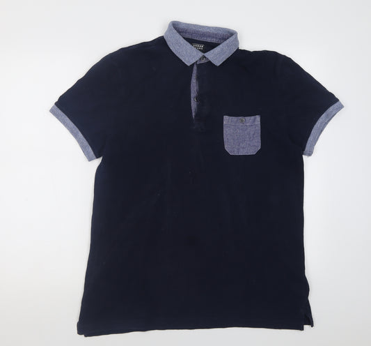 Front view of urban jeans men’s blue cotton polo, size L, collared button