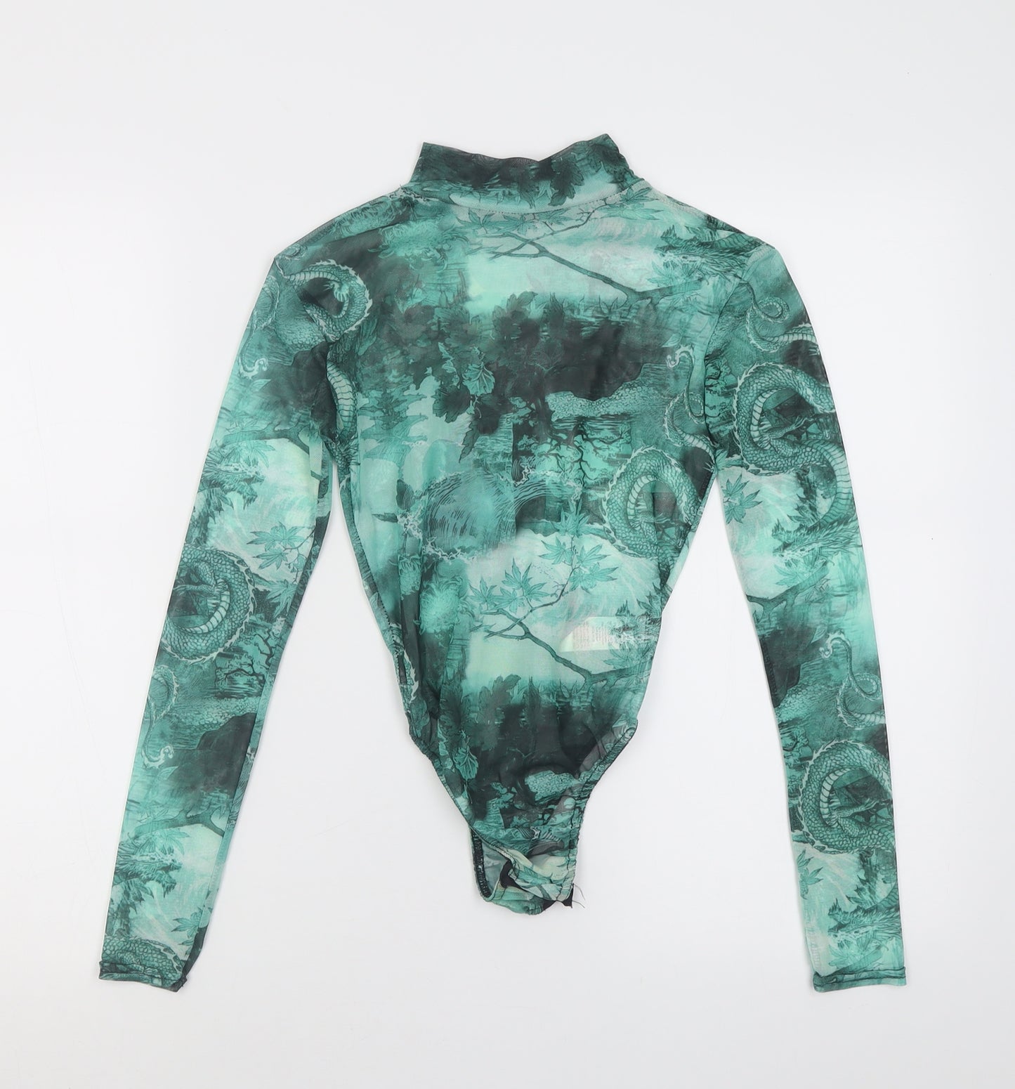 PRETTYLITTLETHING Womens Green Geometric Polyester Bodysuit One-Piece Size 6  Button