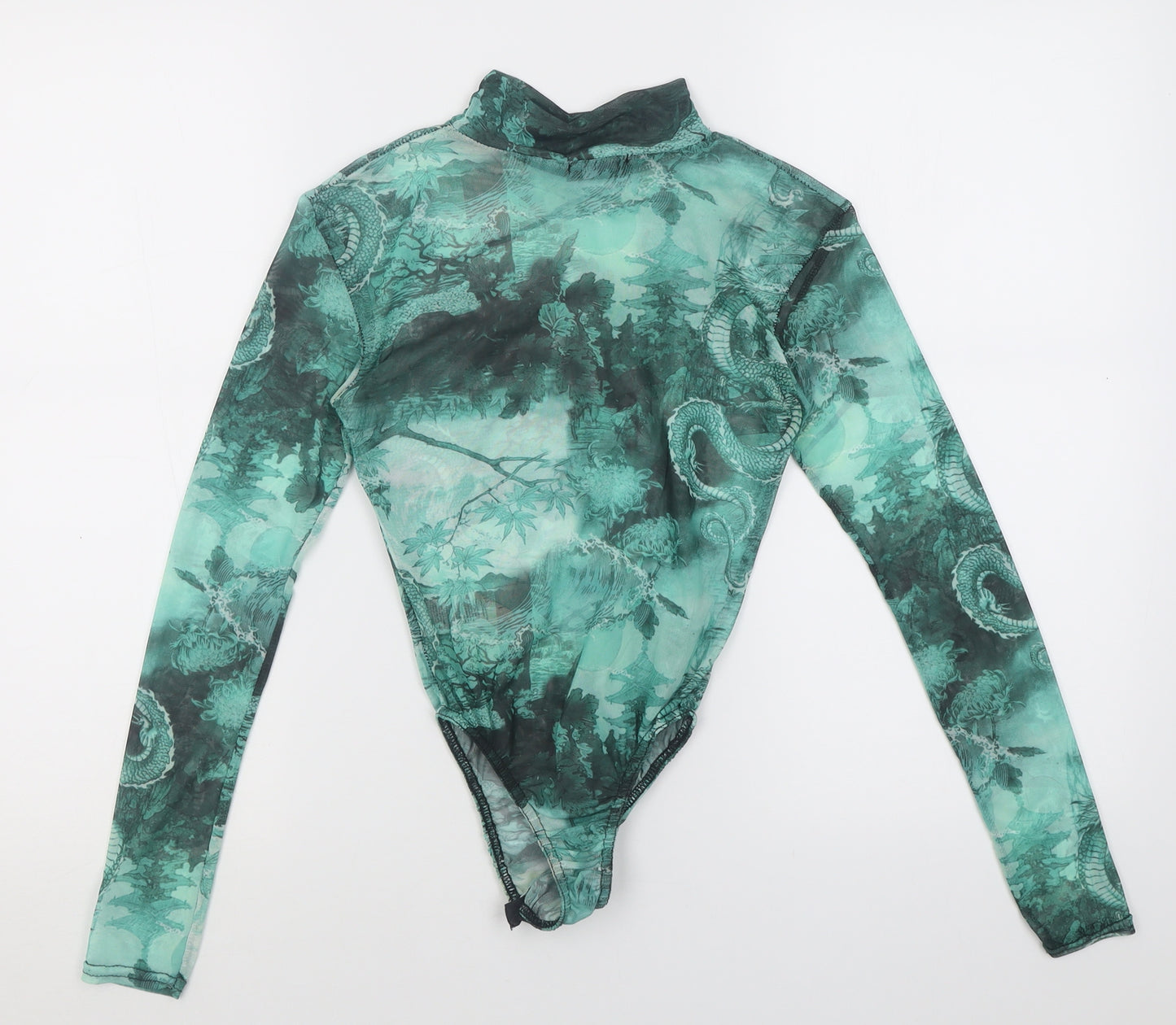 PRETTYLITTLETHING Womens Green Geometric Polyester Bodysuit One-Piece Size 6  Button