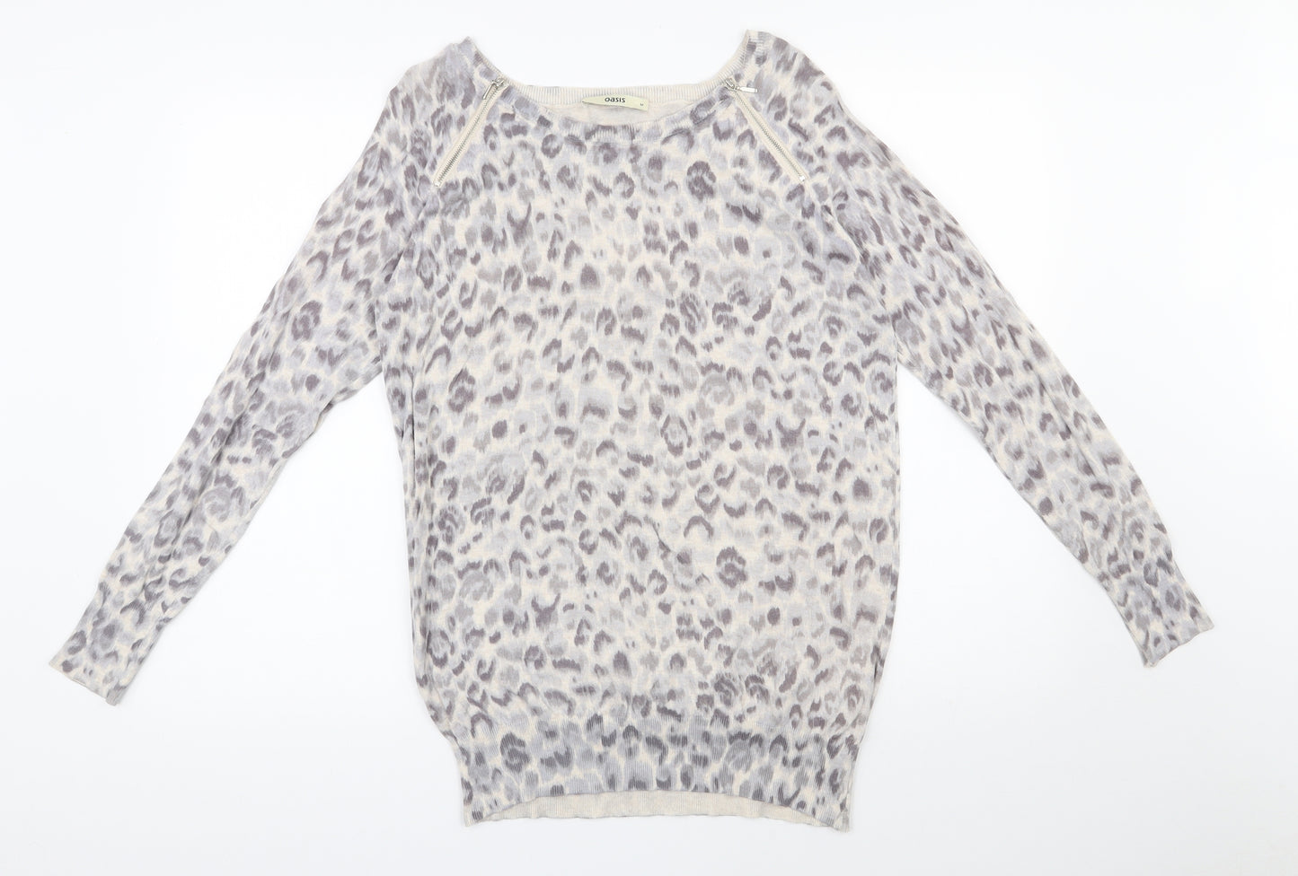 Oasis Womens Grey Boat Neck Animal Print Cotton Pullover Jumper Size M