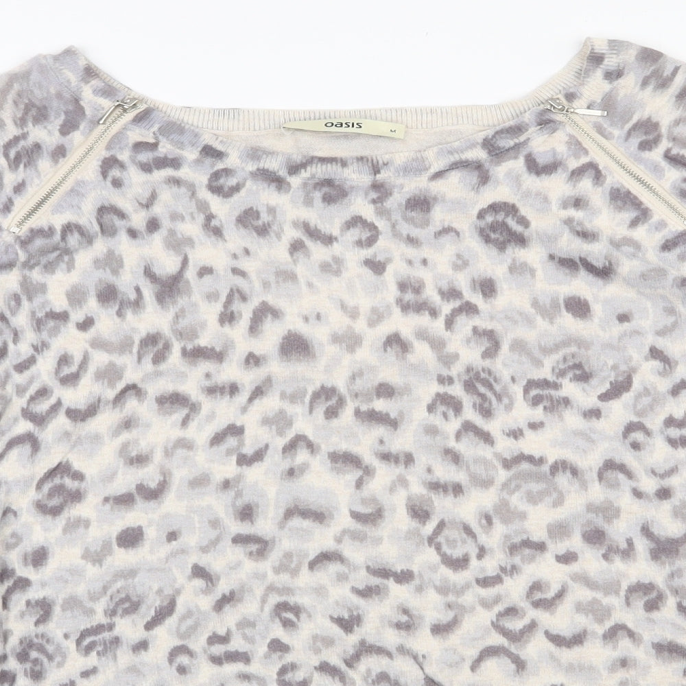 Oasis Womens Grey Boat Neck Animal Print Cotton Pullover Jumper Size M